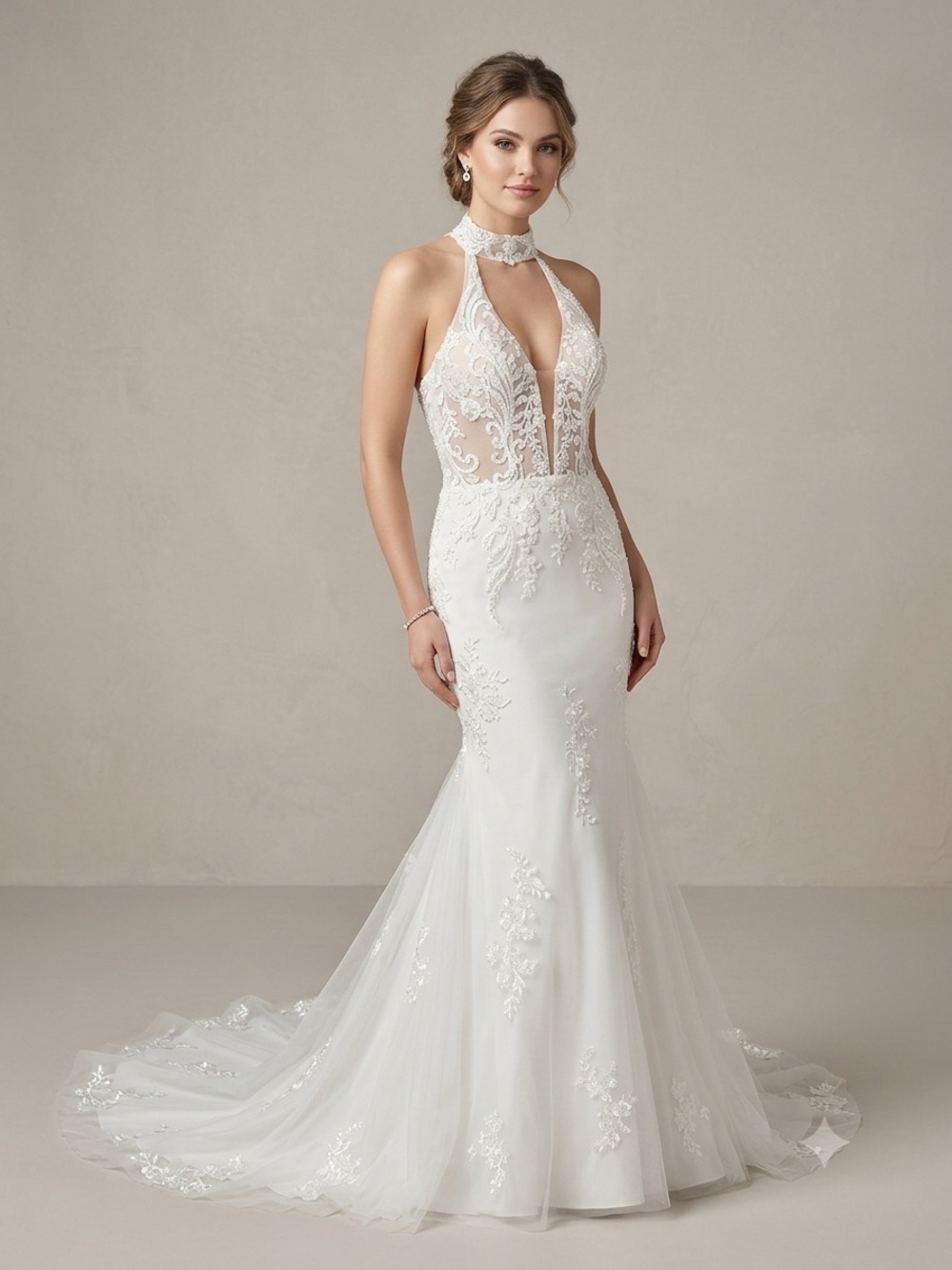 Elegant Lace Halter Wedding Dress - Light Ivory